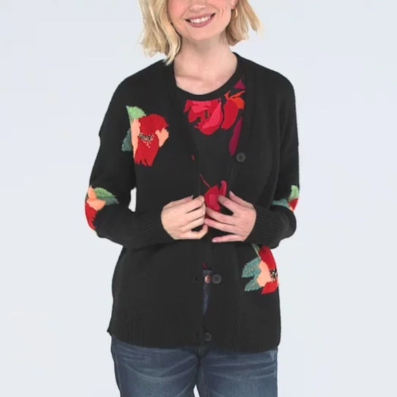 Cabi Women's Sweater Coming Up Roses Cardigan Black Sweater Size Medium NWOT - Picture 1 of 7